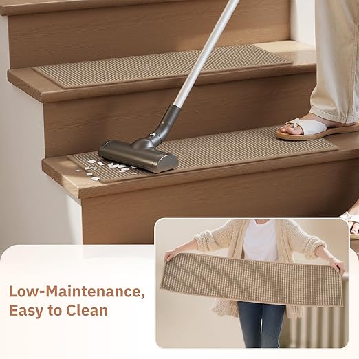 7PC Jute Stair Treads for Wooden Steps-Stairs Carpet Non Slip-Peel and Stick Stair Treads Indoor, Adhesive Staircase Step Treads Residue Free, Durable Natural Stair Runner Rug,8"x30" Beige