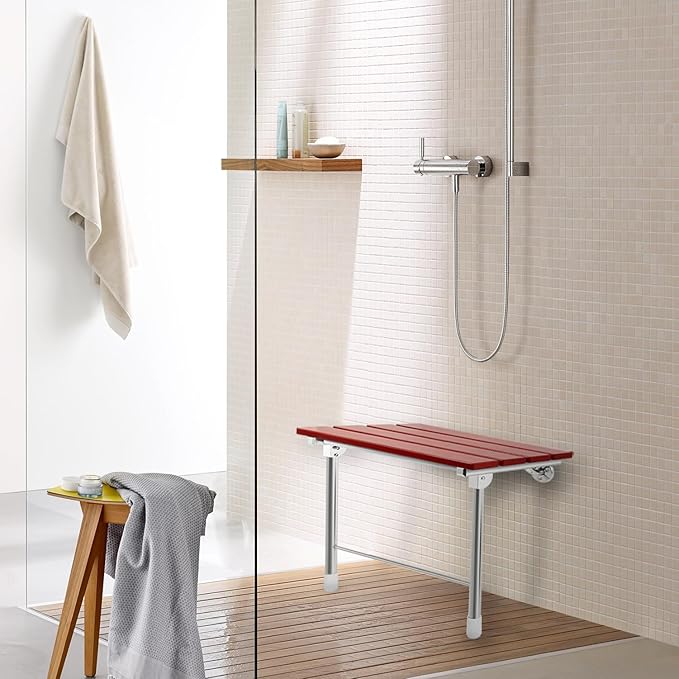Folding Shower Seat Wall Mounted with Legs, Foldable Shower Chair for Inside Shower, Fold Down Shower Bench for Seniors (Wood, Fixed Height Plus)