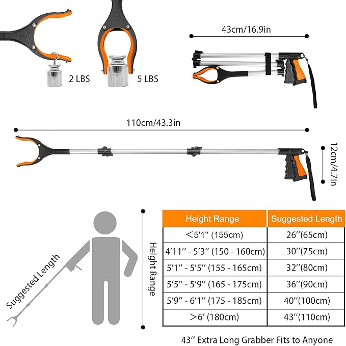 Housolution Reacher Grabber Tool, 43" Extra Long Grabbers for Elderly, Lightweight Handy Trash Claw Grabber with Magnets, Reaching Assist Tool for Trash Pick Up, Arm Extension, Litter Picker (Orange)