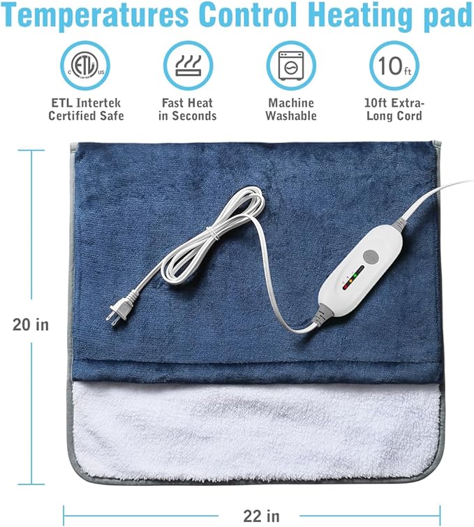 Foot Warmer Electric, Heating Pad King Size Ultra Soft Flannel, Extra Large for Bed, Abdomen, Feet, Back, Cramp, Office/Home Under Desk, 10ft Cord, Auto Off, 22" x 20" - Blue