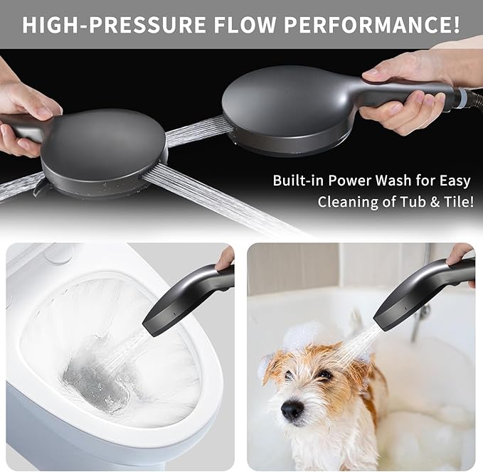 High Pressure 6-mode Handheld Shower Head- Anti-clog Nozzles,Built-in Power Wash to Clean Tub, Tile & Pets,Stainless Steel Hose, Wall & Overhead Brackets