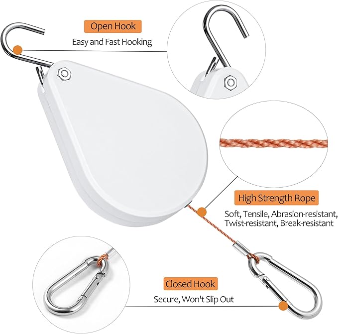 WROSWT Upgraded Retractable Plant Hanger,Plant Pulleys for Hanging Plants,Easy to Raise and Lower,Auto Lock,Heavy Duty,Adjustable Hook for Garden Baskets Pots,Birds Feeder,(6Pcs,White)