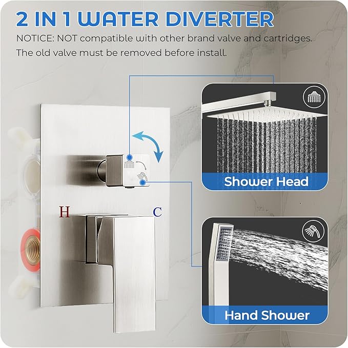 Brushed Nickel Shower Faucet Set, 10 inch Rain Shower System w/Pressure Balance Valve, Wall Mounted 2-Functions Bathroom Shower Systems w/Rain Shower and Handheld Spray Shower Trim Included