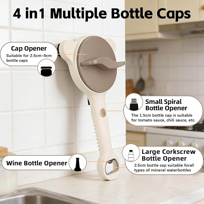 Jar Opener for Seniors, 4 in 1 Multi-Purpose Jar Opener, Adjustable Stainless Steel Lid Remover for Seniors & Arthritis Sufferers, Fits Kitchen Jars, Bottles &Cans, Home Kitchen Helper