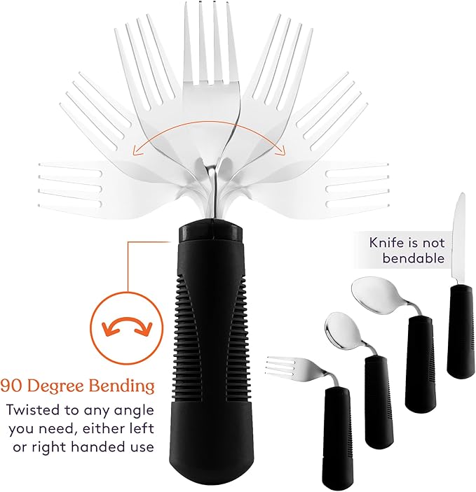 Special Supplies Adaptive Utensils (4-Piece Kitchen Set) Weighted, Non-Slip Handles for Hand Tremors, Arthritis, Parkinson’s Elderly use - Stainless Steel Knife, Fork, Spoons (Black Weighted Bendable)