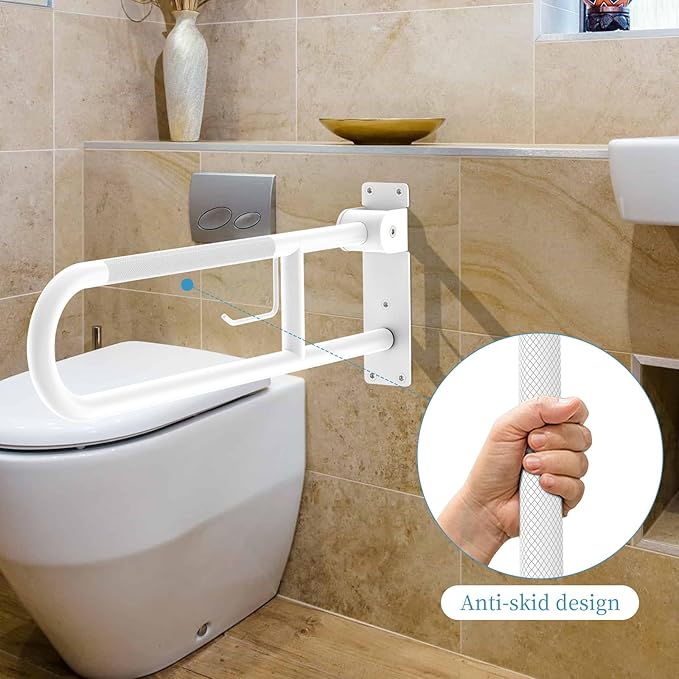 U Shaped Toilet Grab Bar 30.3 Inch, Munzong White Anti-Slip Support Rail, Flip-Up Bathroom Grab Bar with Paper Holder, Stainless Steel Knurled Handicap Safety handrails for Elderly Disabled Pregnant