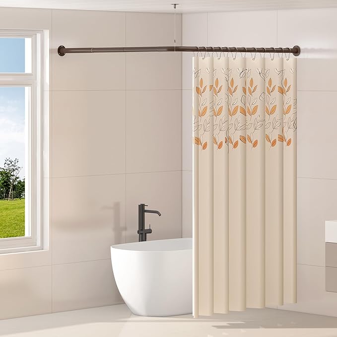 L Shaped Corner Shower Curtain Rod, 24"-37" x 24"-37" Adjustable 90 Degree Curved Bathroom Rod Square Rail No Sag with 12 Hooks & Ceiling Support - Coffee