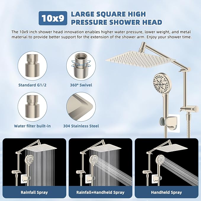 All Metal Rain Shower Head, 10” High Pressure Rainfall Shower Head with Handheld, 5" Large Handheld Showerhead Powerul Wash 10-Spray, 16" Shower Extension Arm Adjustable Height/Angle, Brushed Nickel