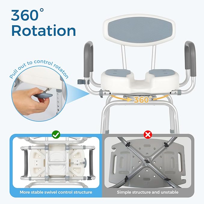 FAHKNS Senior Bathing Chair Swivel Shower Chair with Arms and Back, 400 lbs Heavy Duty U-Shape Seat for Inside Tub, Height Adjustable Safety Bath Seat for Elderly and Disabled