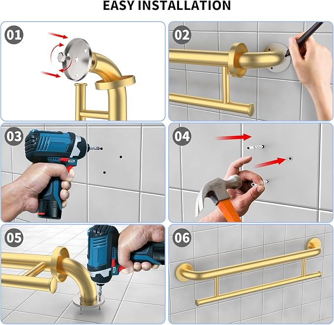 Brushed Gold Grab Bar 24 Inch w/Towel Holder, iHansee Stainless Steel Towel Rack Shower Support Balanced Support Handle, Wall Mount Safety Handrail Grab Rail for Elderly Senior Handicap Disabled