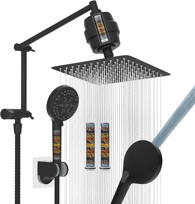 Metal Rain Filtered Shower Head, 10” High Pressure Rainfall Shower Head with Handheld, 10 Modes Handheld Powerful Wash, 16" Adjustable Extension Arm, 20-Stage Shower Filters for Hard Water, MatteBlack