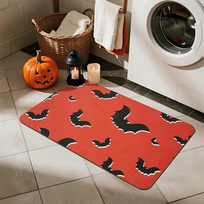 TYUU Halloween Bath Mat, Thin Halloween Bathroom Rug Non Slip Quick Dry Bat Bath Mat Fits Under Door Thin Floor Mat Halloween Decor, 24''x36'', Gothic Bats Orange