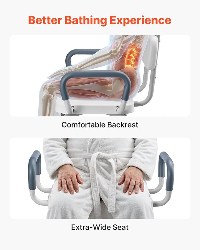 VEVOR Swivel Shower Chair with Arms and Back, 400 lbs Heavy Duty Bench Seat for Inside Shower Stall and Bathtub, Height Adjustable Bathroom Bath Tub Seat for Adults, Seniors, Elderly and Disabled