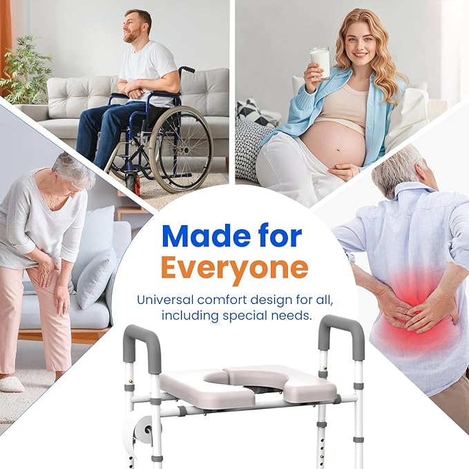 Toilet Seat Risers for Seniors, Raised Toilet Seat with Handles, Adjustable Width & Height Toilet Riser, 400lb Handicap Elevated Toilet Seat for Elderly, Disabled, Fits Any Toilet
