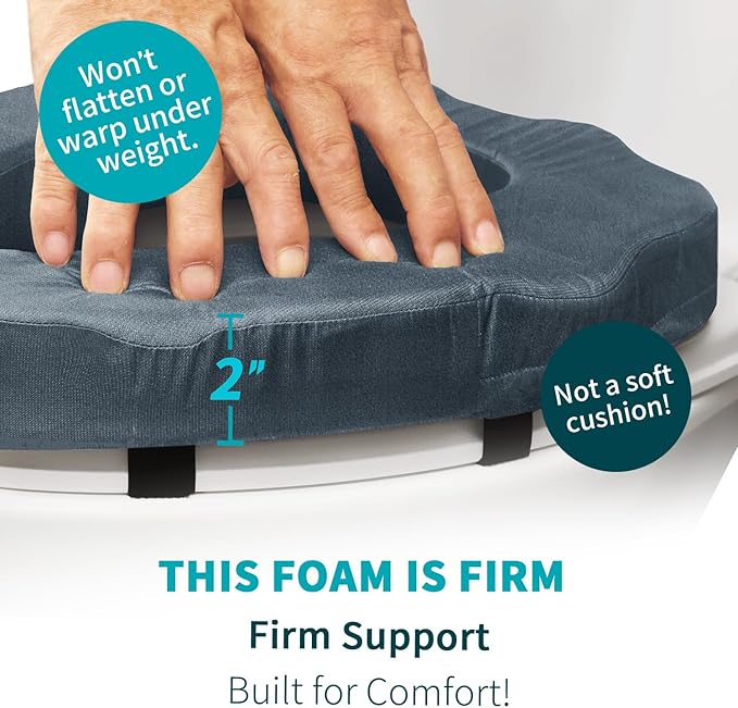 Raised Toilet Seat Cushion for Elderly - Adds 2 inches - Commode Seat Cushion Padded Toilet Seat Riser with High-Density Foam for Enhanced Comfort & Elevation, Universal Fit (2 inches)