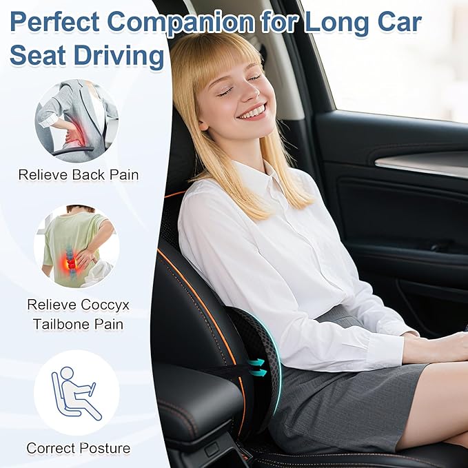 Lumbar Support Pillow for Car, Ergonomic Back Cushion with Strap, Memory Foam Lower Back Support Cushion for Driving, Lumbar Pillow for Pain Relief, for Office Chair, Long Sitting (Black 4D Mesh)