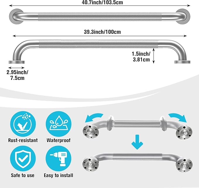 Shower Grab Bar Stainless Steel Bathroom Grab Bar Brushed Nickle 1.25'' Diameter Anti-Slip Textured Heavy Duty Toilet Safety Hand Rail for Seniors Elderly Handicap Balance Handle Bar (40 Inch)