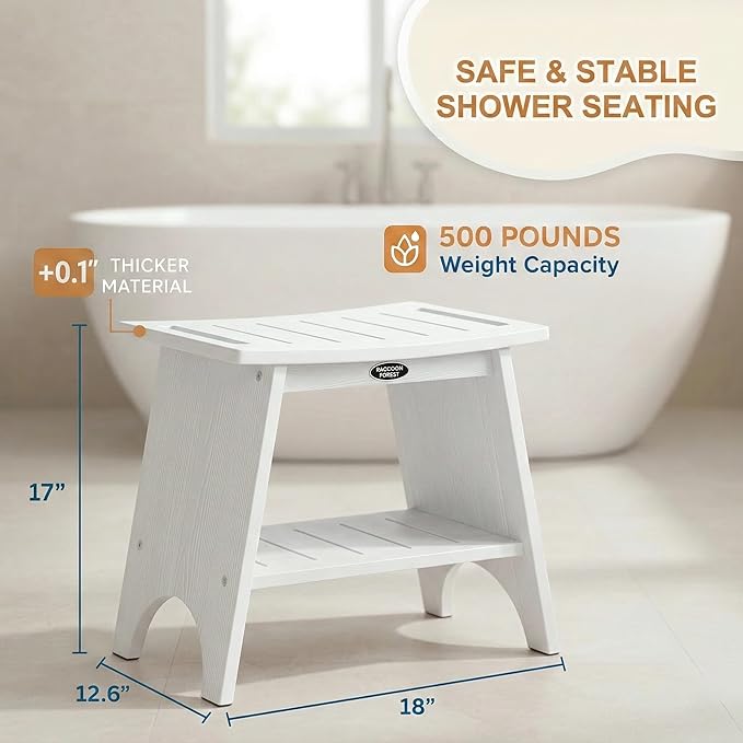 HDPS Shower Benches for Inside Shower to Sit on, Waterproof Shower Chair with Storage Shelf, Heavy Duty 500-lb Shower Seat, Shower Stool for Shaving Legs, Indoor/Outdoor Use, White