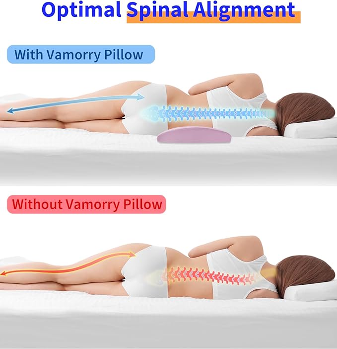 vamorry Lumbar Support Pillow for Bed – Memory Foam Waist Pillow with Cooling Cover for Comfortable Back Support – Bolster Pillow for Side, Back & Stomach Sleepers – for Bed, Sofa, Car