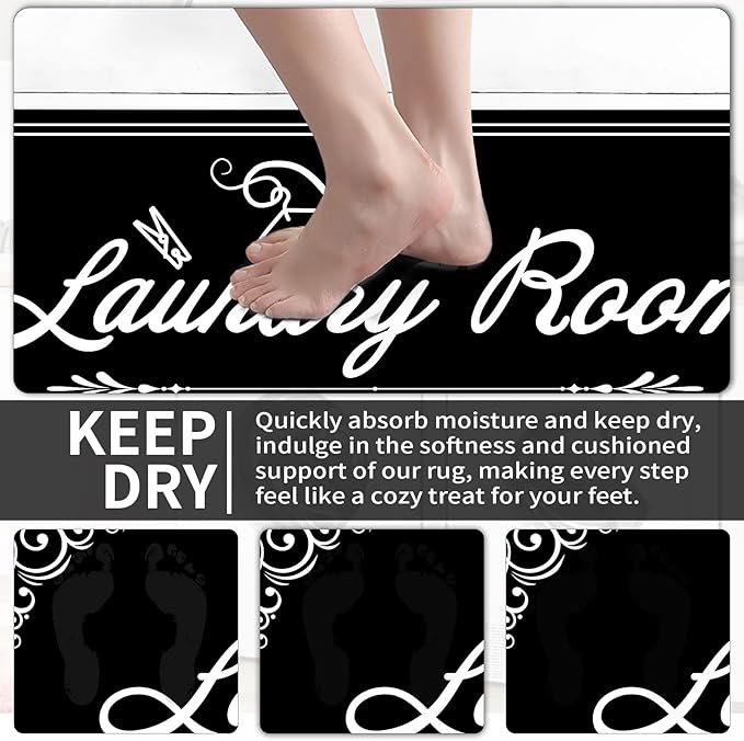 Laundry Room Rug Runner, 17.7"x45" Non Slip Black Laundry Rugs, Farmhouse Washable Floor Laundry Mats for Laundry Room, Mudroom, Kitchen, Washroom, Bathroom, Hallway Entryway Area Rugs Decor