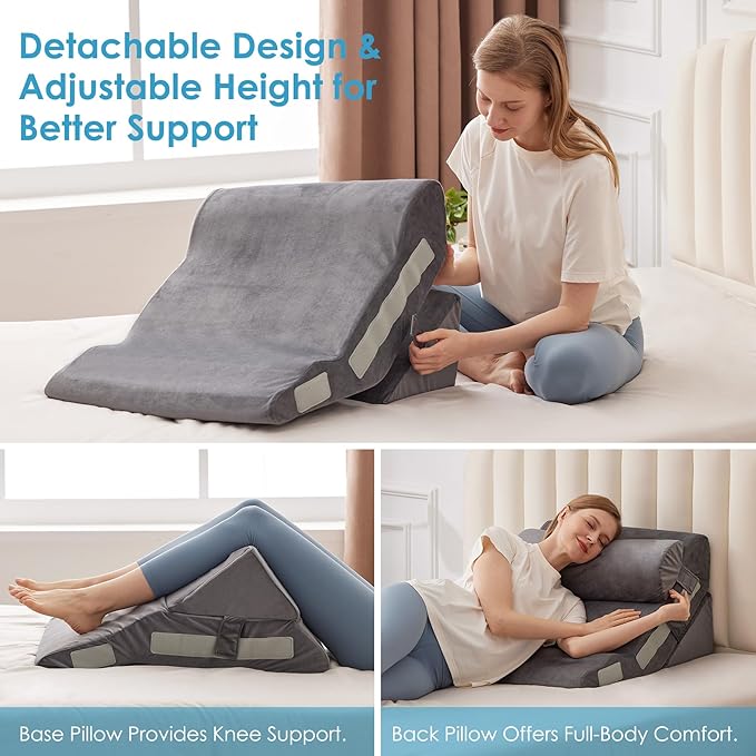 MEGCXIT 4PCS Bed Wedge Pillow for Headboard, Adjustable Wedge Pillow for Sleep Apnea, 23” Wide Triangle Pillow Wedge Set for After Surgery, Acid Reflux Relief, Snoring, Neck&Back Support, Grey