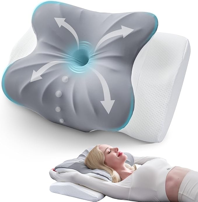 BDEUS Cervical Pillow for Side Sleepers, Neck Pillow for Sleeping, Memory Foam Ergonomic Pillow for Neck Pain Relief, Butterfly Contour with Arm Grooves, Dual Height Cooling Washable Cover, Grey