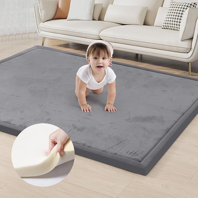 ACOMOPACK Baby Play Mat for Floor 1.3" Thick Memory Foam Play Mat 39"×59" Tummy Time Crawling with Non-slip Bottom for Living Room,Nursery,Soft Velvet Playpen Mats for Kids,Infants（Dark Grey）