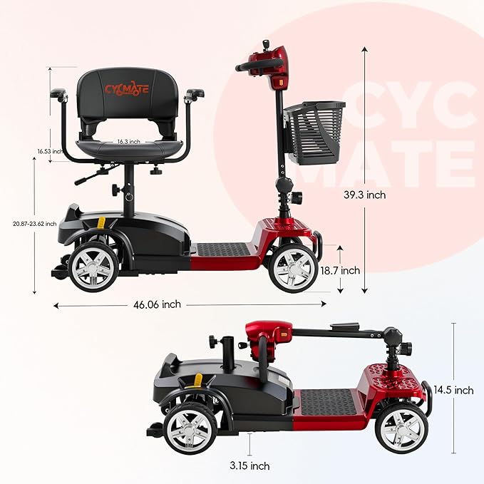 4 Wheel Mobility Scooter for Seniors & Adults 15 Mile Range, 6 MPH Powered Mobility Scooter with 300 lbs Capacity, Foldable Compact Mobility Scooter for Travel, Electric Wheelchair Red