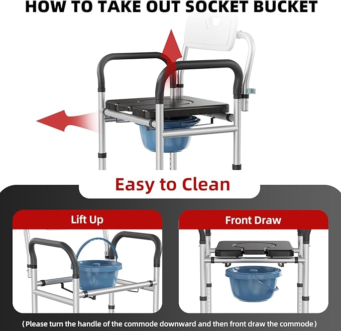 Heavy Duty Bedside Commode Chair with Adjustable Height, Raised Toilet Seat with Arms Handles and Back Support for Elderly, Portable Bedside Toilet with Bucket（Width 19.69")