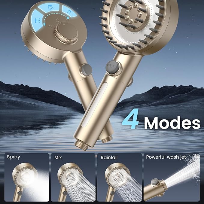PWERAN Filtered Shower Head with Handheld, High Pressure 4 Spray Mode Showerhead with Filters, Water Softener Beads for Hard Water with ON/OFF Switch for Pets - Remove Chlorine (Golden, 5 Inch Panel)
