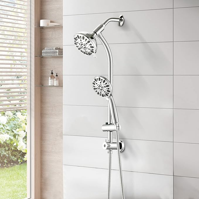 High Pressure 48-Settings Shower Head with Handheld Shower,Drill-Free 3-Way Diverter for Easy Reach,Adjustable Height Slide Bar Dual Shower Head Combo Set - Chrome