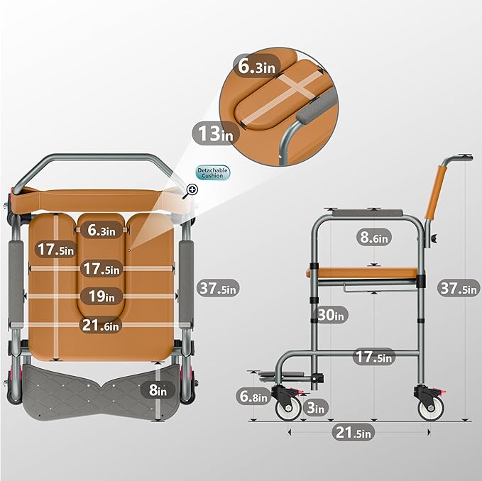 Shower Chair with Wheels, Two Modes Bedside Commode with Wheels, Aluminum Shower Wheelchair with Footrest, Portable Toilet with Bucket for Elderly and Disabled, 300 LBS Weight Capacity