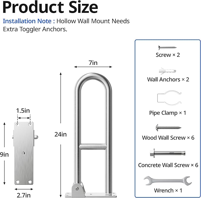 Toilet Grab Bar, Bathroom Safety Handrail Wall Mounted, 304 Stainless Steel Flip Up Folding Support Rail for Elderly Seniors and Handicap Assistance (24 Inch)