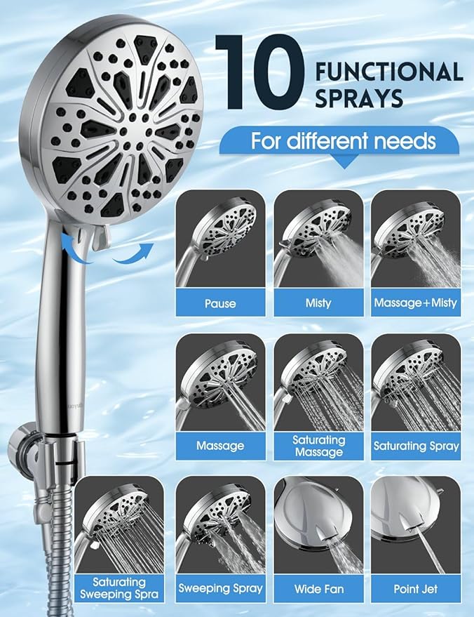 High Pressure Shower Head with Handheld, 10 Spray Modes Hand Held Showerhead, Built-in 2-Mode Power Wash for Bathroom Tub & Pets, 59 Inch Stainless Steel Hose, Adjustable Bracket, Chrome