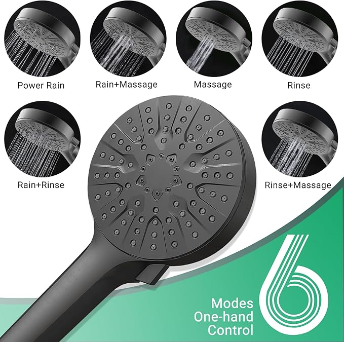 6-Mode Shower Head with Handheld, High Pressure Handheld Shower Heads, Detachable Showerhead 71" Extra Long Stainless Steel Hose Adjustable Brass Joint Holder for Bathroom Upgrade Matte Black