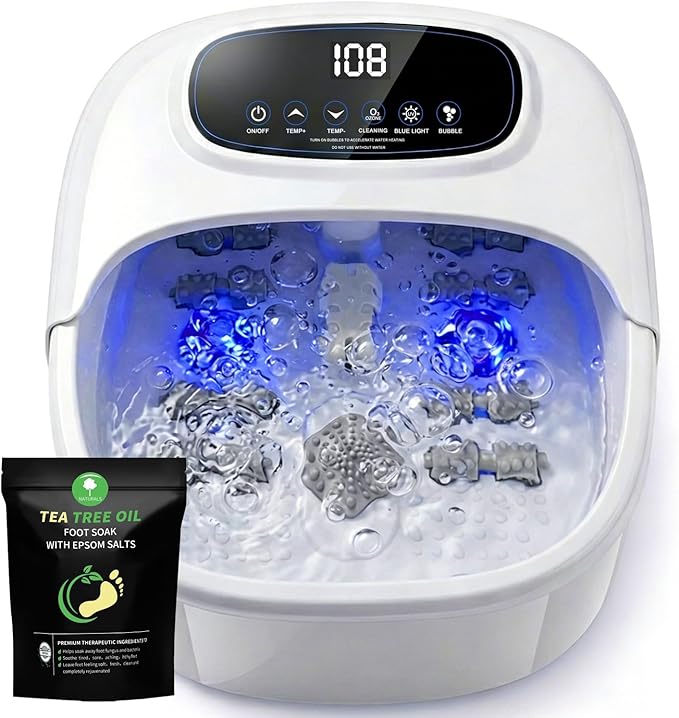 Foot Spa Bath Massager with Heat & Bubbles, Foot Soaking Tub with UV Ozone Refresh & Adjustable Temperature, Manual Rollers, Feet Soaker Gift Set with Bath Salts for Parents & Couples (White)