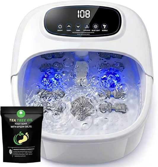 Foot Spa Bath Massager with Heat & Bubbles, Foot Soaking Tub with UV Ozone Refresh & Adjustable Temperature, Manual Rollers, Feet Soaker Gift Set with Bath Salts for Parents & Couples (White)