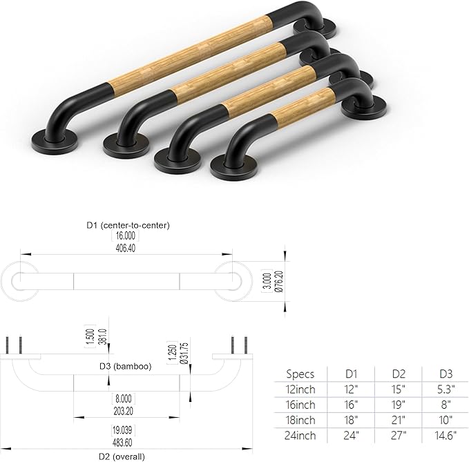 Safety Grab Bar for Bathroom & Toilet, Natural Bamboo Handle, ADA Compliant Balance Assist Handrail for Handicap and Seniors, 12in Matte Black