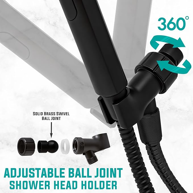Metpure Handheld Shower Head with Easy Clicker for Multiple Sprays. Low Profile Lightweight Rectangular Shower Head. Stainless Steel Hose & Adjustable Mount Holder. Matte Black Finish