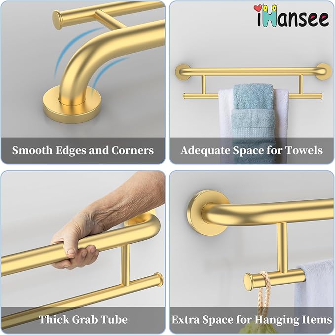 Brushed Gold Grab Bar 24 Inch w/Towel Holder, iHansee Stainless Steel Towel Rack Shower Support Balanced Support Handle, Wall Mount Safety Handrail Grab Rail for Elderly Senior Handicap Disabled