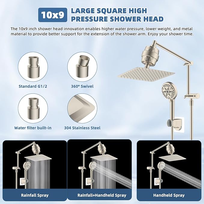 All Metal Rain Filtered Shower Head, 10” High Pressure Rainfall Shower Head with Handheld Spray, 10 Modes Handheld Powerful Wash, 16" Adjustable Extension Arm, 20 Stage Shower Filters, Brushed Nickel