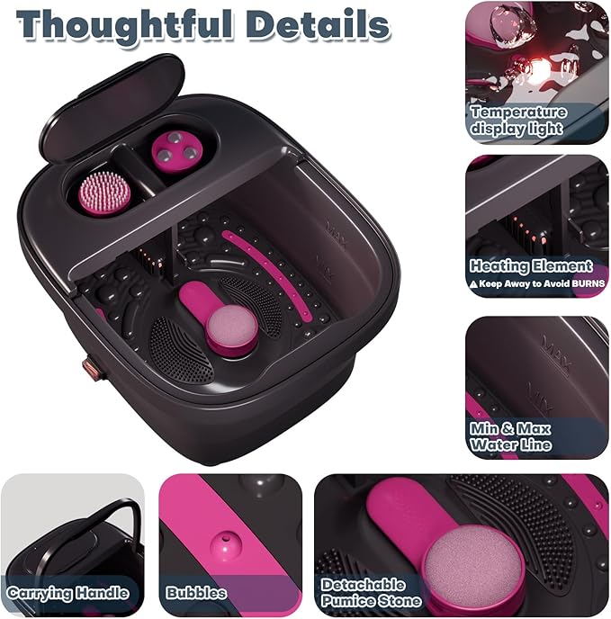 Collapsible Foot Bath, Foot Spa Bath Massager with Heat, Bubble, Remote Control, Temperature Control, 3 Pedicure Attachments, Feet Soaking Tub for Stress Relief