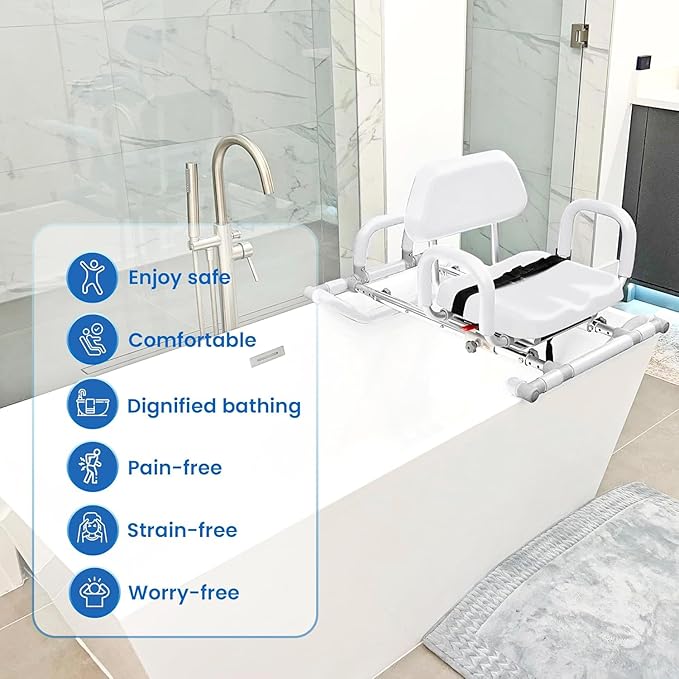Platinum Health HydroSlide Sliding Shower Chair Swivel Seat for Bathtub, Soft, Padded with Industry-Exclusive, Patented Gap-Bridge Safety Feature. Padded Armrests. Ideal for Elderly and Seniors