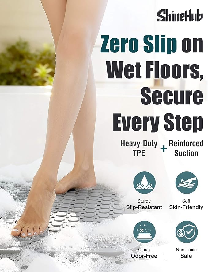 7mm Extra Thick TPE Bath Mat, Non-Slip Shower Mat for Bathroom and Tub, 28x16 Inch with Drainage Holes and Stability Grip, Machine Washable, Mist Pine Gray