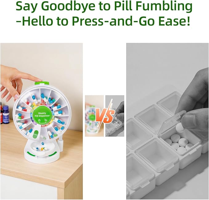 Stand-Up Pill Dispenser - Daily Medication Organizer for Seniors, No-Flip/Easy-Press Design, Wall-Mountable or Free-Standing, 14 Large Compartment Pill Box for Vitamin, Medicine, Supplement