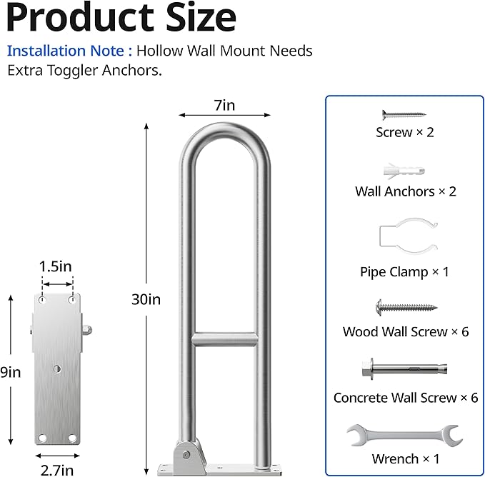 Toilet Grab Bar, Bathroom Safety Handrail Wall Mounted, 304 Stainless Steel Flip Up Folding Support Rail for Elderly Seniors and Handicap Assistance (30 Inch)