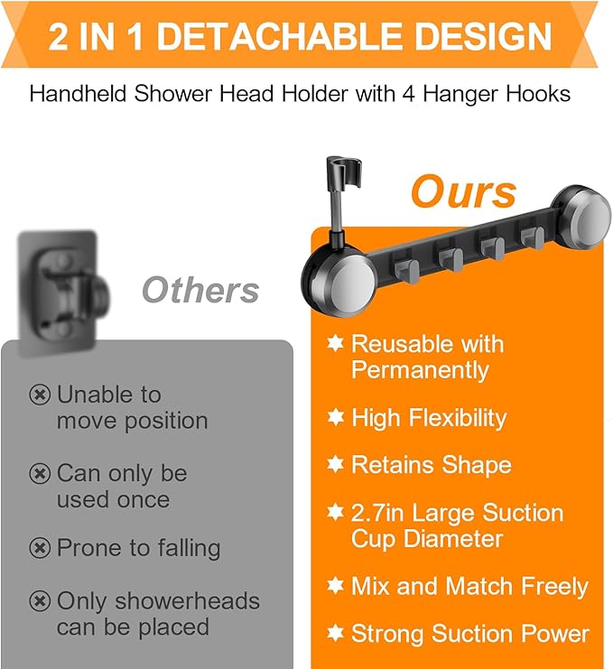 Shower Head Holder Suction Cup with 4 Hanger Hook Wall Mount - 2 in 1 Design - No-Drill Strong Adhesive Shower Wand Bracket - Adjustable Handheld Shower Head Mount - Gun Gray
