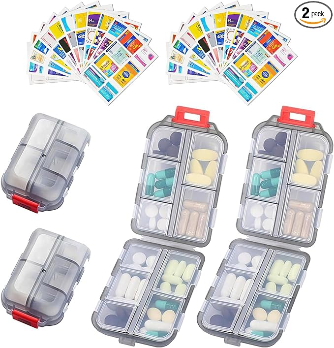 2PCS 7-Day Pill Organizer with Labels – Travel Pill Case, Daily Medication Organizer | Compact & Secure | Fits in Pocket/Purse (3.7” x 2.4”)