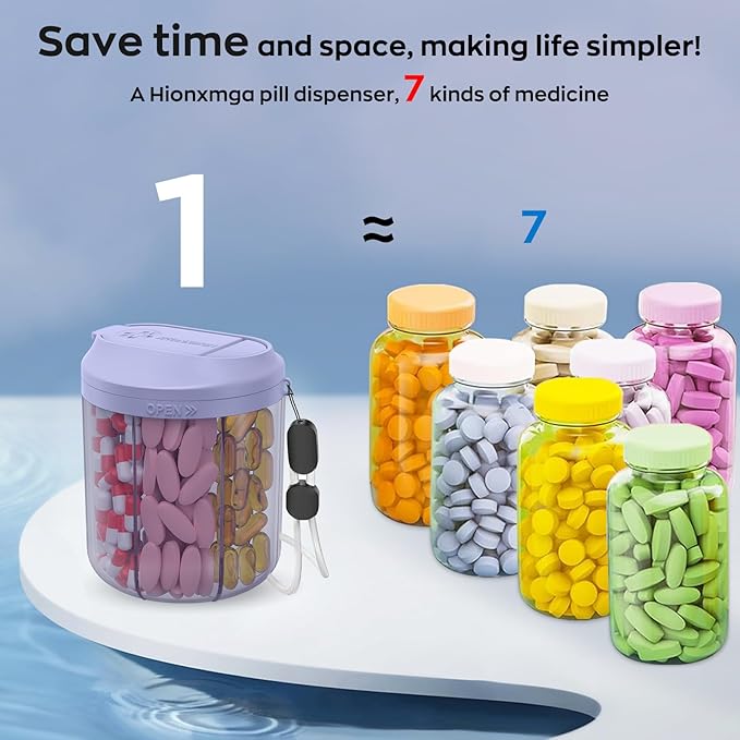 HIONXMGA Pill Organizer with 7 Large Compartments, Pill Dispenser for Travel, Supplement Organizer with Anti-Mixing Design, BPA-Free Pill Container with 20 Pcs Labels, Purple