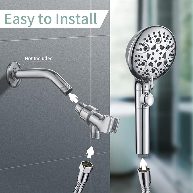 Handheld Shower Heads with ON OFF Switch,Extra Long 79-inch Hose 8 Spray Settings High Pressure Detachable Showerhead,Built-in Power Sprayer to Clean Pets, Adjustable Angle Bracket,Silver